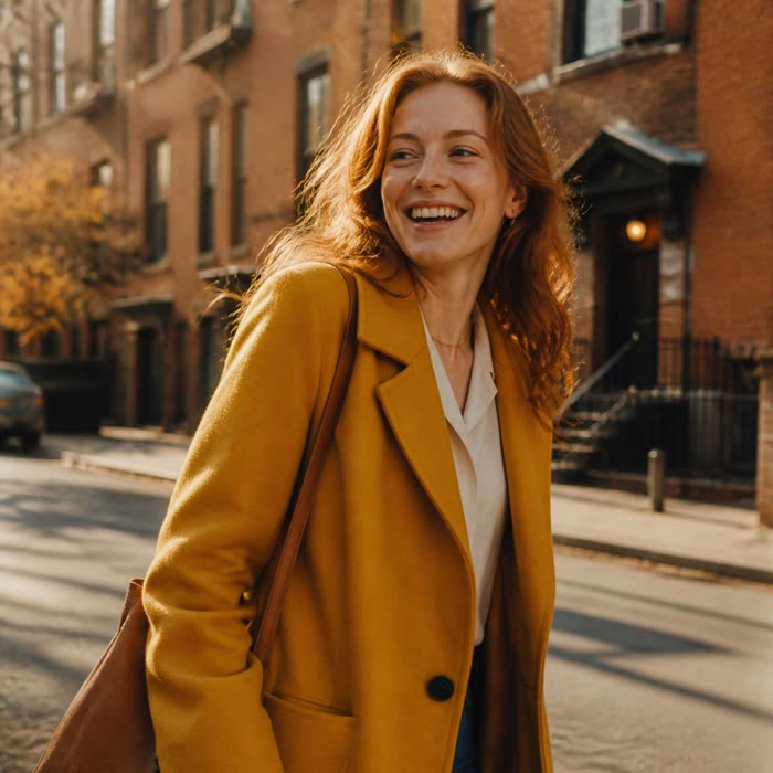 A confident woman with auburn hair in a mustard coat, laughing as she walks down a sunny street