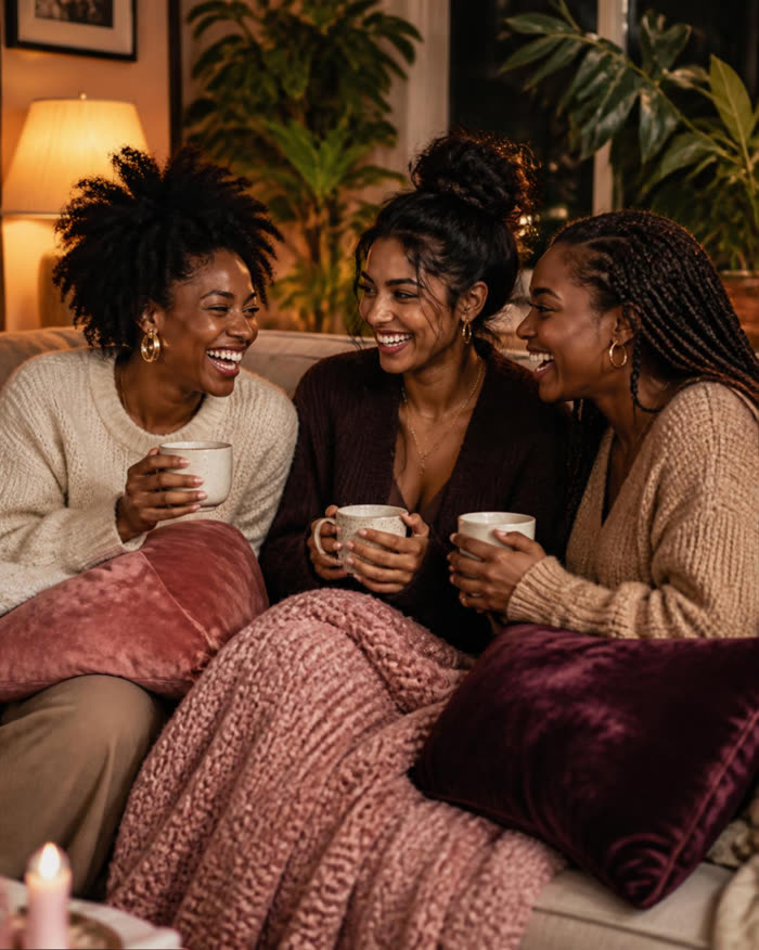 Three friends laughing together on a cosy sofa with mugs of tea