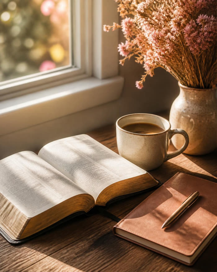 An open Bible beside a coffee and a journal in morning light